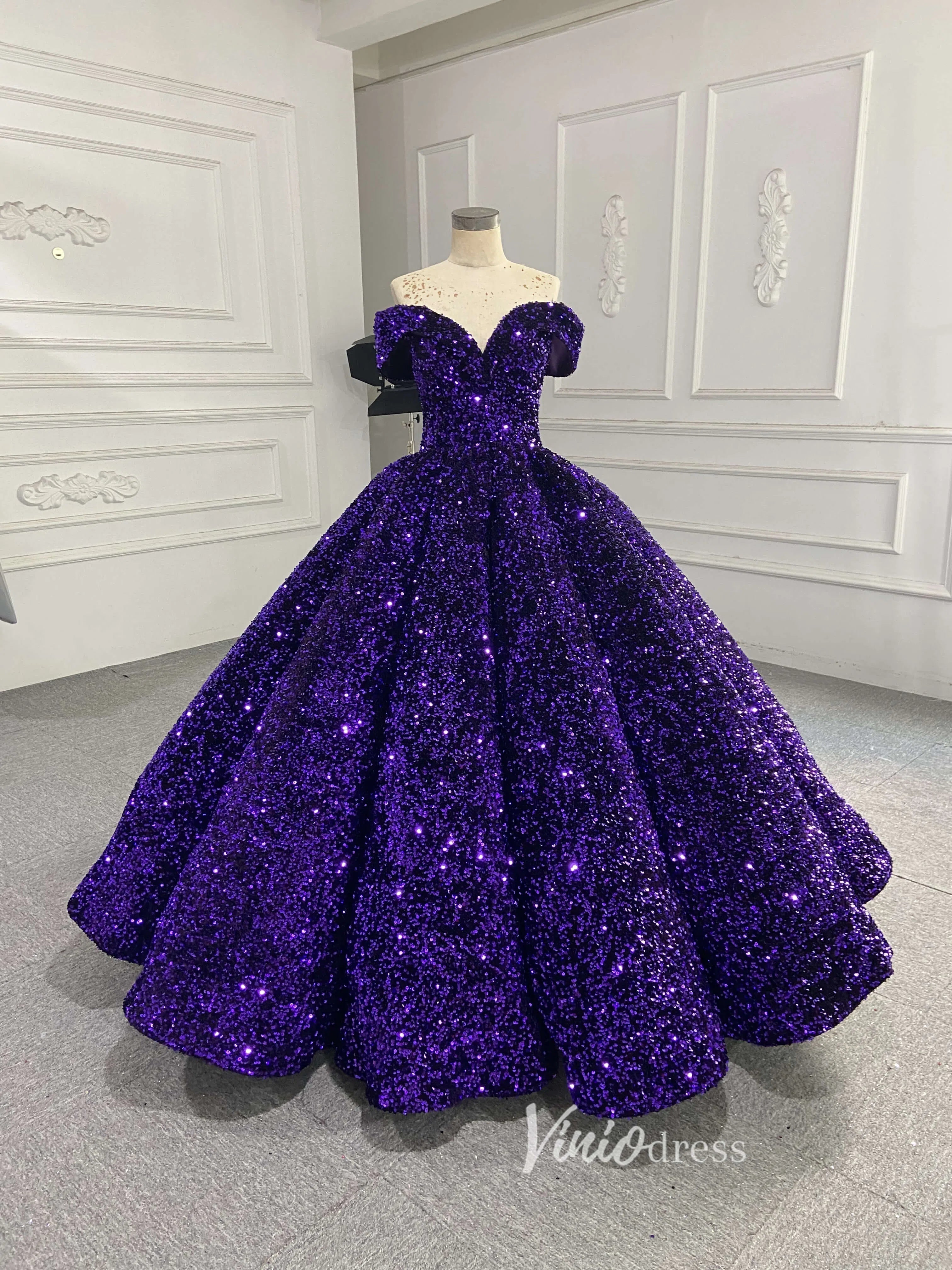 Prom Dress 2025 Shiny Sweet 16 Dress Off the Shoulder Debutante Ball Gown 66991 viniodress-unique Quinceanera Dresses-Purple-Custom Size-Viniodress