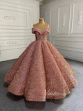 Prom Dress 2025 Shiny Sweet 16 Dress Off the Shoulder Debutante Ball Gown 66991 viniodress-unique Quinceanera Dresses-Rose Gold-Custom Size-Viniodress