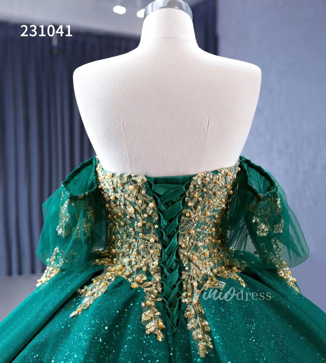 Sparkly Green Ball Gowns Gold Lace Appliqued Wedding Dresses with Sleeves 231041-Quinceanera Dresses-Viniodress-Viniodress