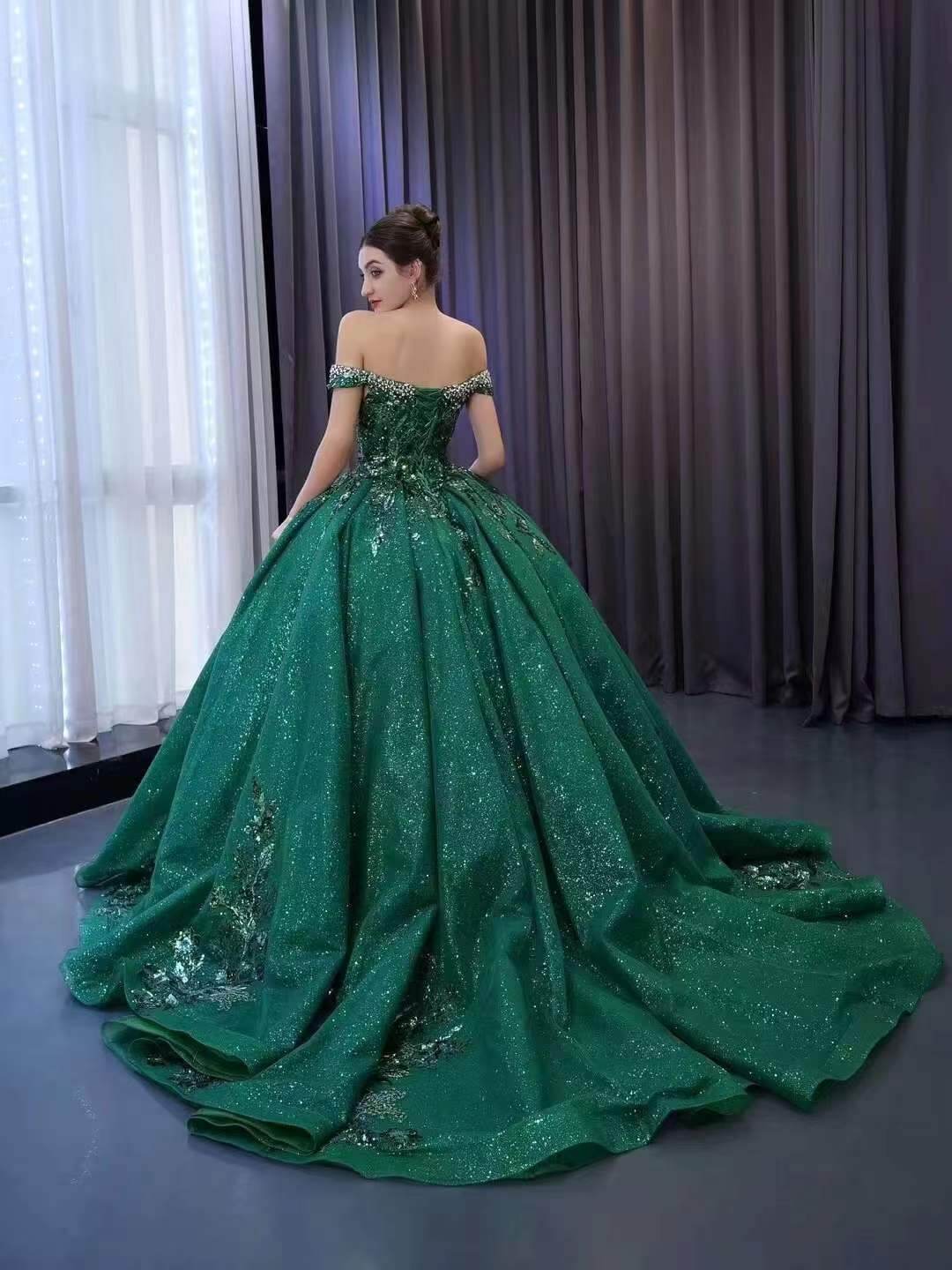 Sparkly Green Lace Wedding Dresses Off the Shoulder Ball Gown 231113 - ViniodressQuinceanera DressesGreenCustom Size - Formal Dresses - Ball Gowns