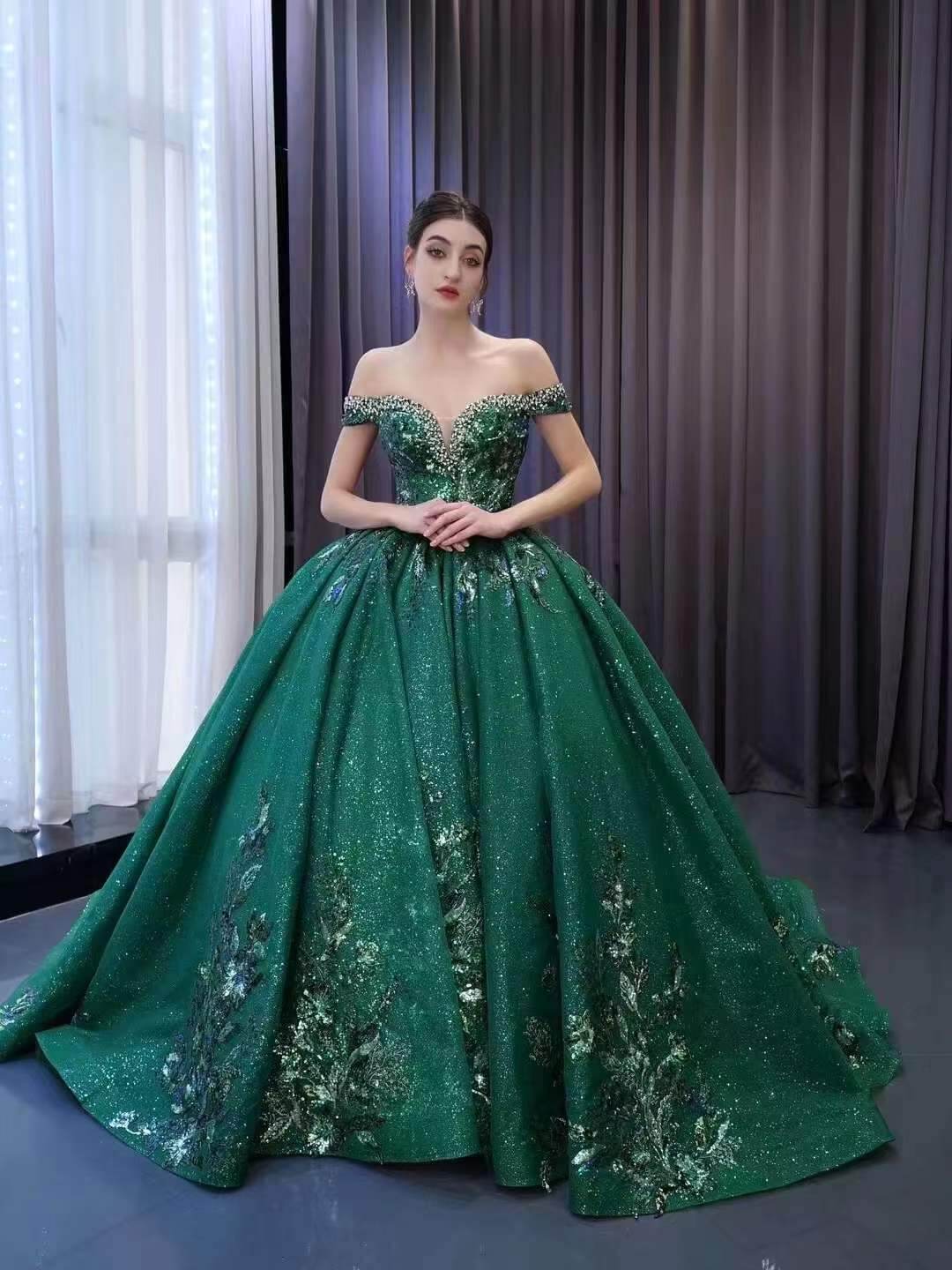 Sparkly Green Lace Wedding Dresses Off the Shoulder Ball Gown 231113 - ViniodressQuinceanera DressesGreenCustom Size - Formal Dresses - Ball Gowns