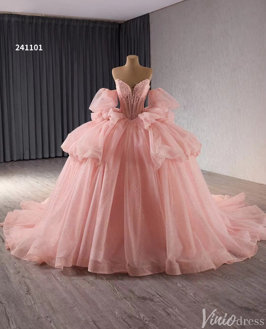 Sparkly Pink Tulle Wedding Gown Strapless Quinceanera Dress Removable Sleeves 241101 - ViniodressQuinceanera DressesPinkCustom Size - Formal Dresses - Ball Gowns