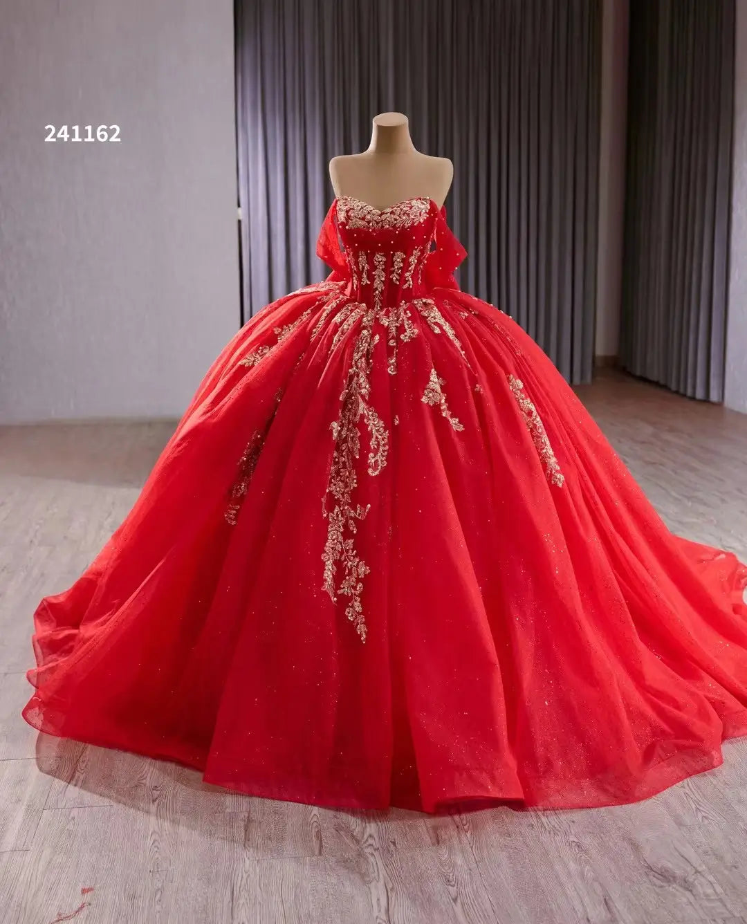 Sparkly Red Quinceanera Dress with Bow Gold Lace Appliqued Debutante Gowns 241162 - ViniodressQuinceanera DressesRedCustom Size - Formal Dresses - Ball Gowns