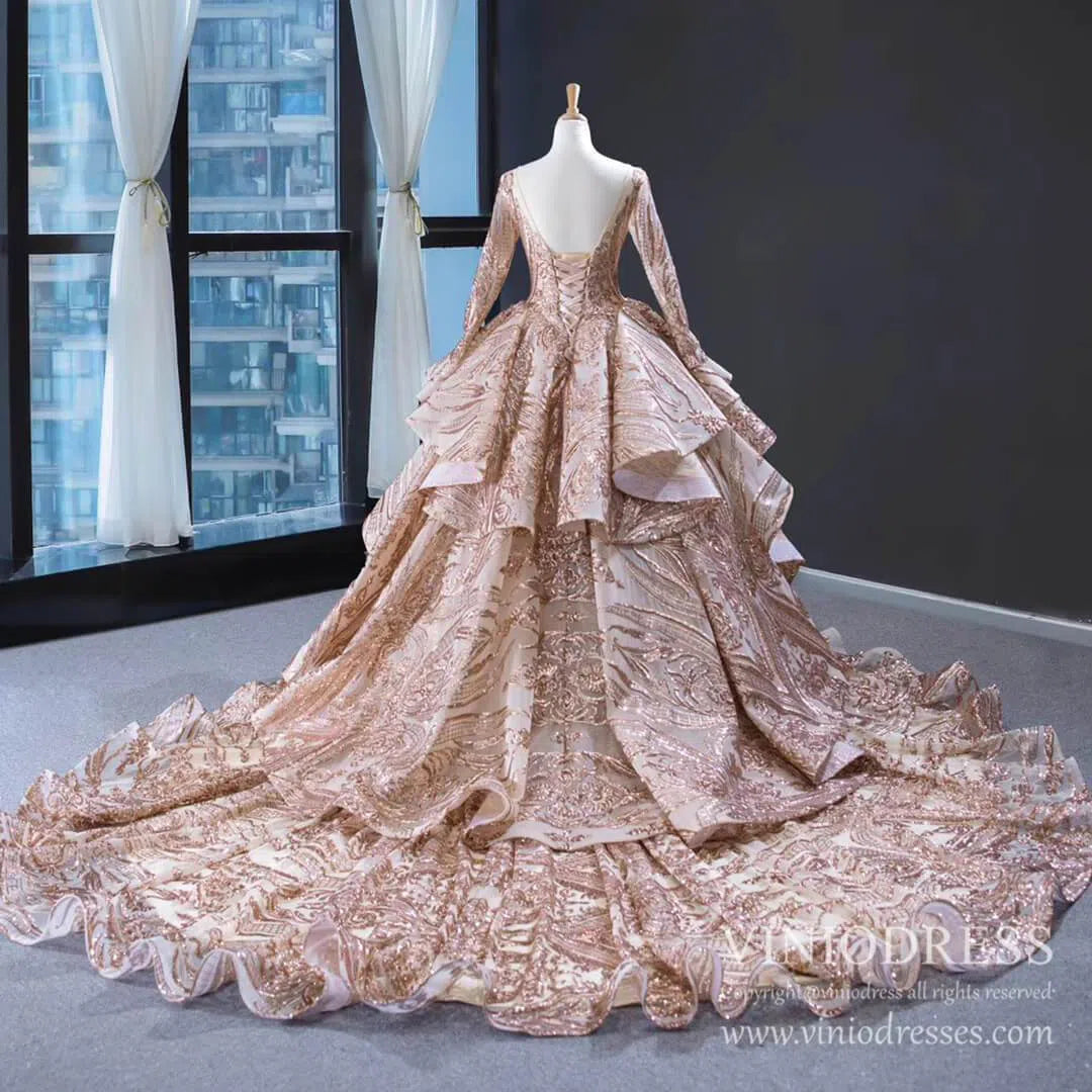 Quinceanera Dresses 2025 Sparkly Rose Gold Sequin Luxury Ball Gown Wedding Dresses 67017 viniodress-plus size wedding dresses Viniodress-Rose Gold-Custom Size-