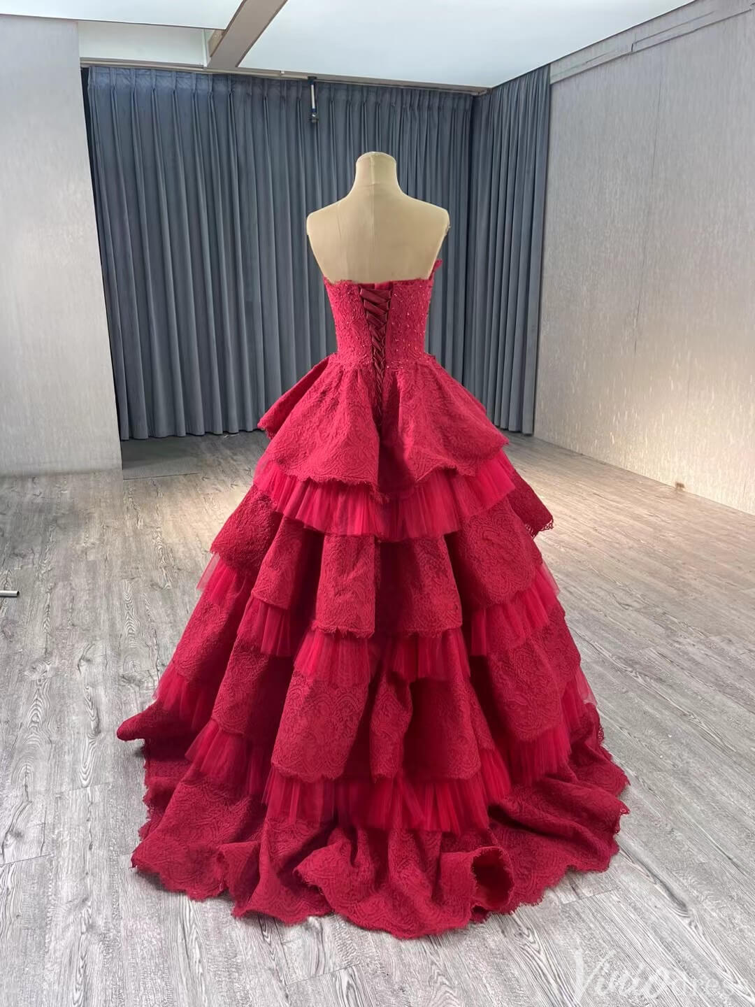 Strapless Dark Red Tiered Ball Gown Prom Dress Ruffled Lace Wedding Dresses 241120 - ViniodressQuinceanera DressesRedCustom Size - Formal Dresses - Ball Gowns