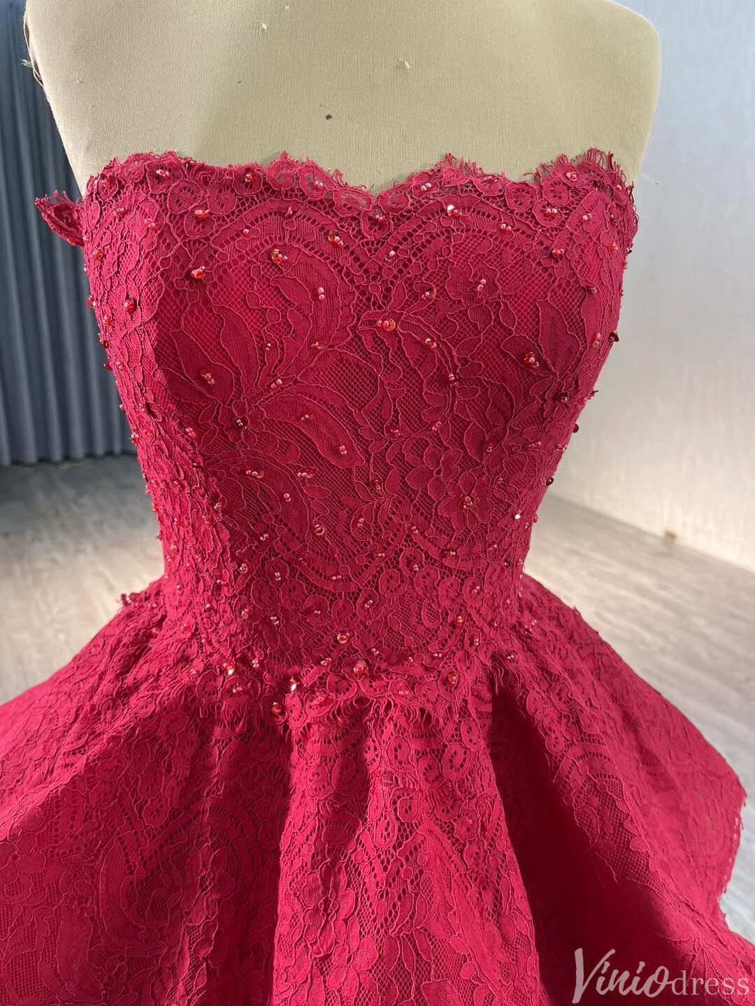 Strapless Dark Red Tiered Ball Gown Prom Dress Ruffled Lace Wedding Dresses 241120 - ViniodressQuinceanera DressesRedCustom Size - Formal Dresses - Ball Gowns