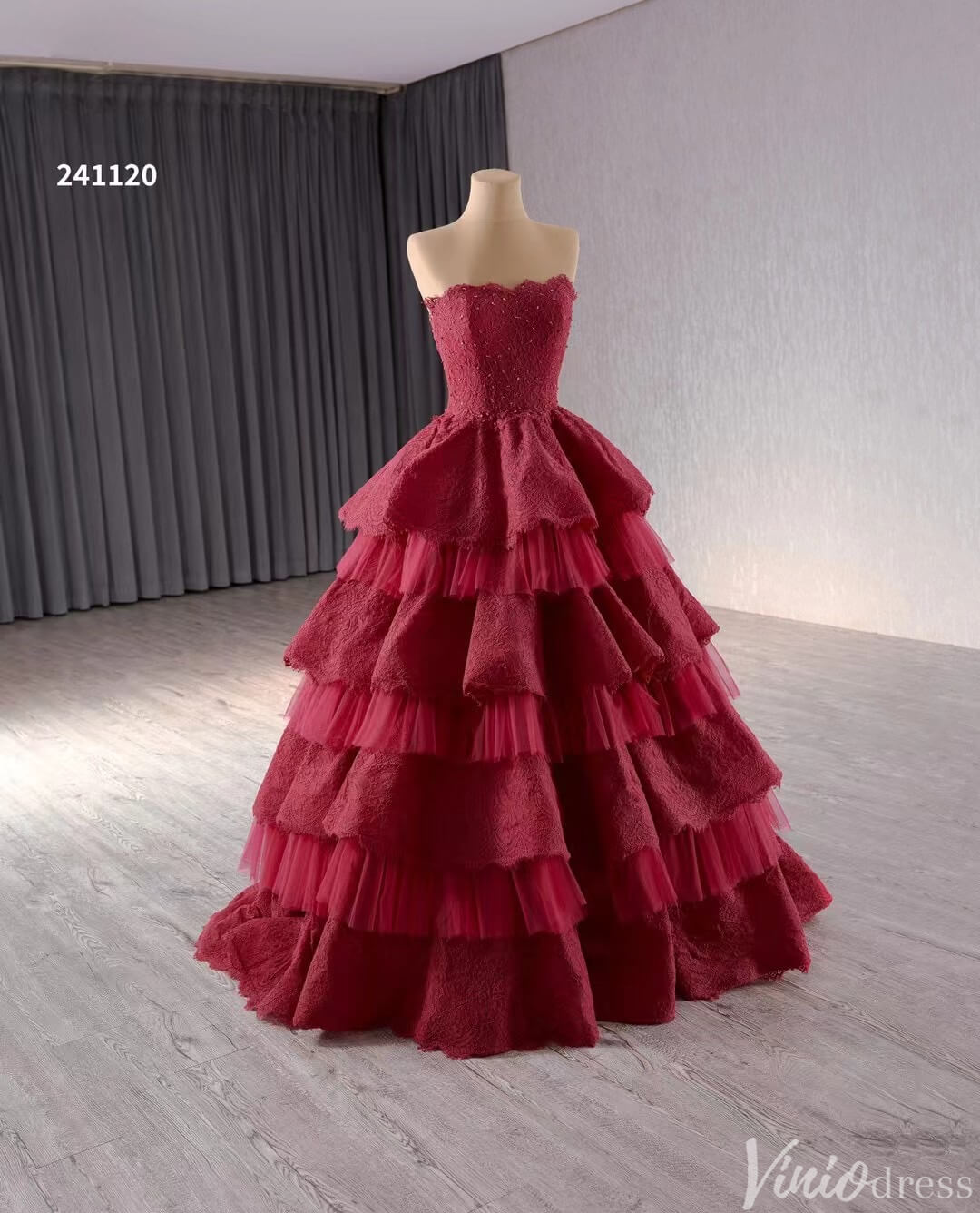 Strapless Dark Red Tiered Ball Gown Prom Dress Ruffled Lace Wedding Dresses 241120 - ViniodressQuinceanera DressesRedCustom Size - Formal Dresses - Ball Gowns