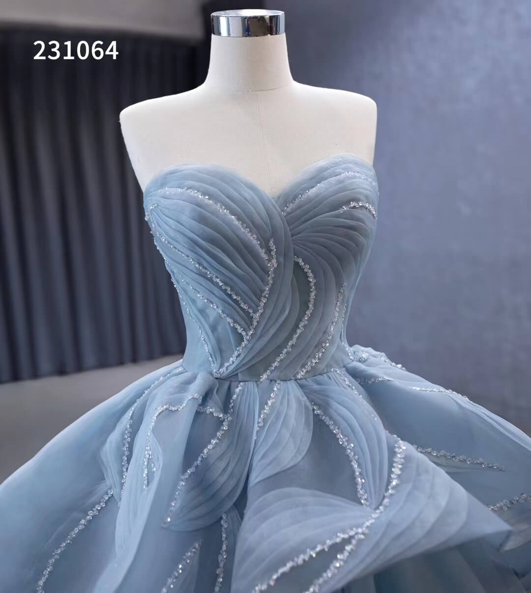 Strapless Dusty Blue Tulle Sweet 16 Ball Gowns Wedding Dresses 231064 - ViniodressQuinceanera DressesDusty BlueCustom Size - Formal Dresses - Ball Gowns