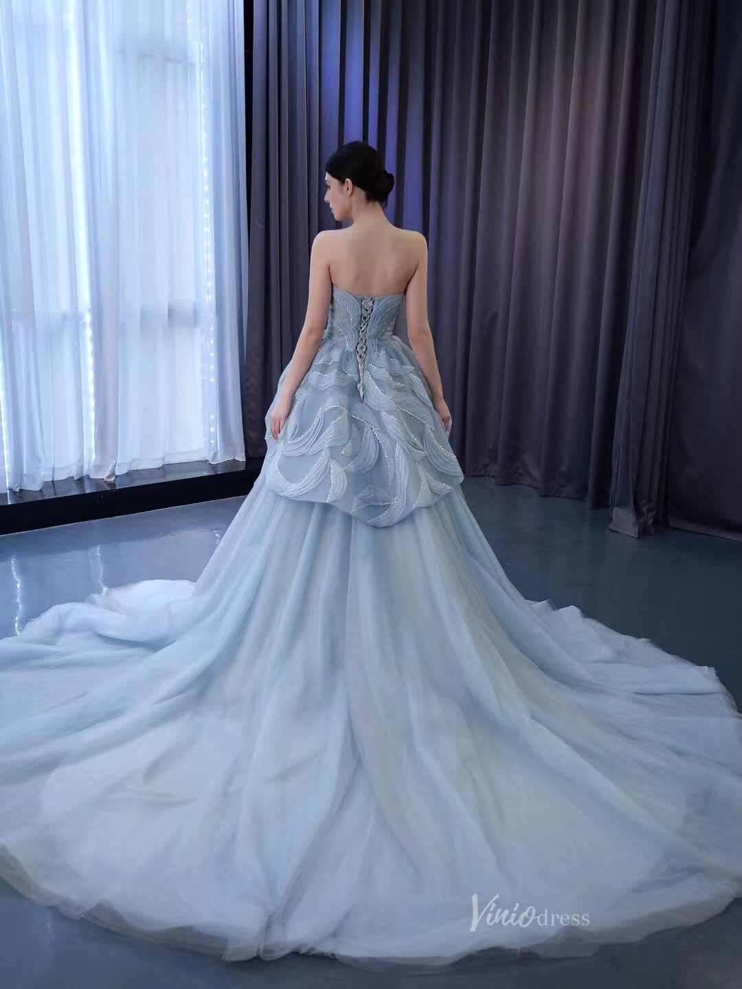 Strapless Dusty Blue Tulle Sweet 16 Ball Gowns Wedding Dresses 231064 - ViniodressQuinceanera DressesDusty BlueCustom Size - Formal Dresses - Ball Gowns