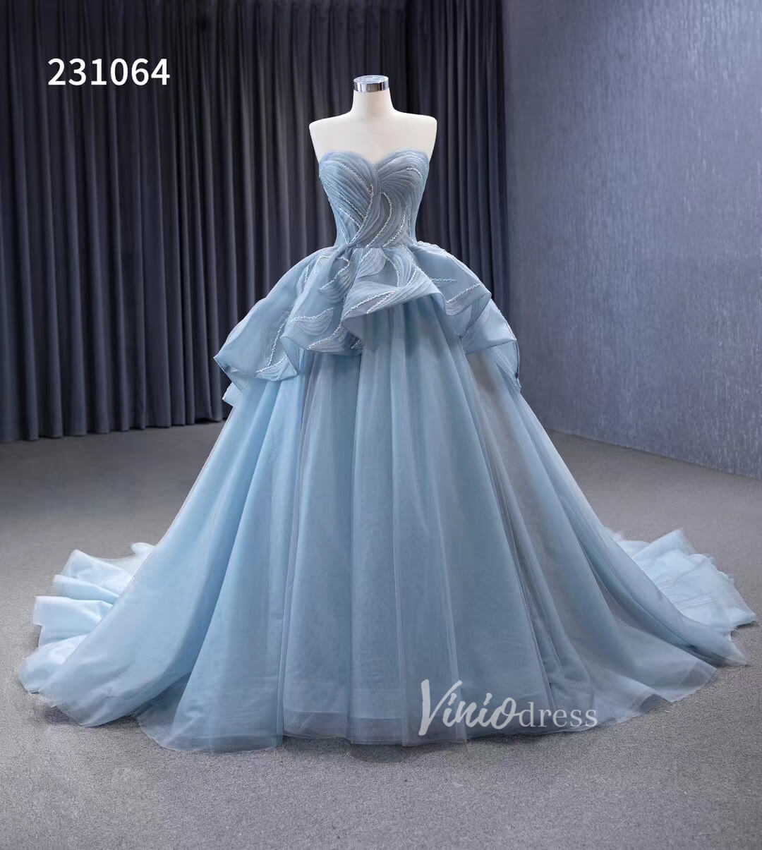 Strapless Dusty Blue Tulle Sweet 16 Ball Gowns Wedding Dresses 231064 - ViniodressQuinceanera DressesDusty BlueCustom Size - Formal Dresses - Ball Gowns