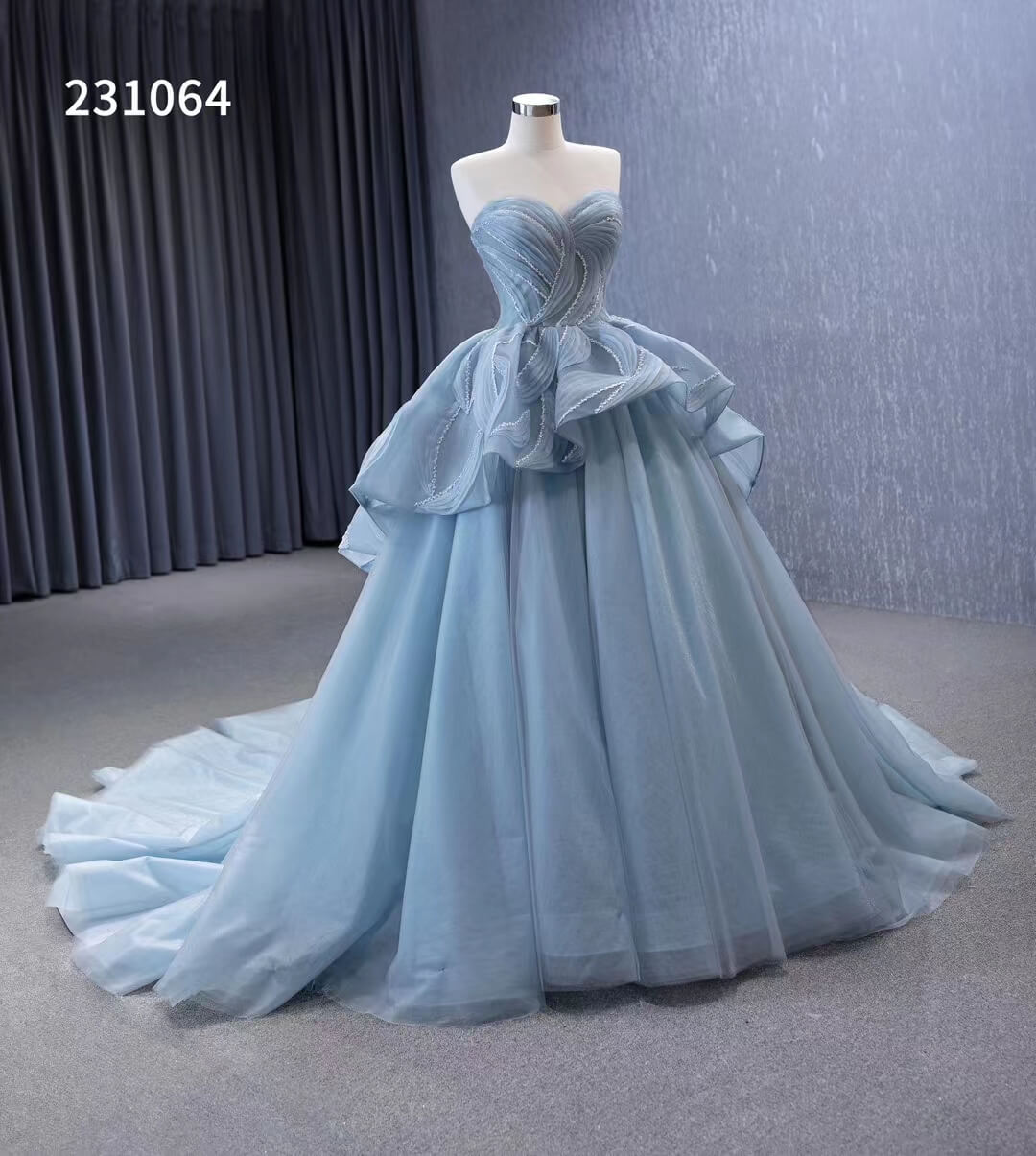 Strapless Dusty Blue Tulle Sweet 16 Ball Gowns Wedding Dresses 231064 - ViniodressQuinceanera DressesDusty BlueCustom Size - Formal Dresses - Ball Gowns