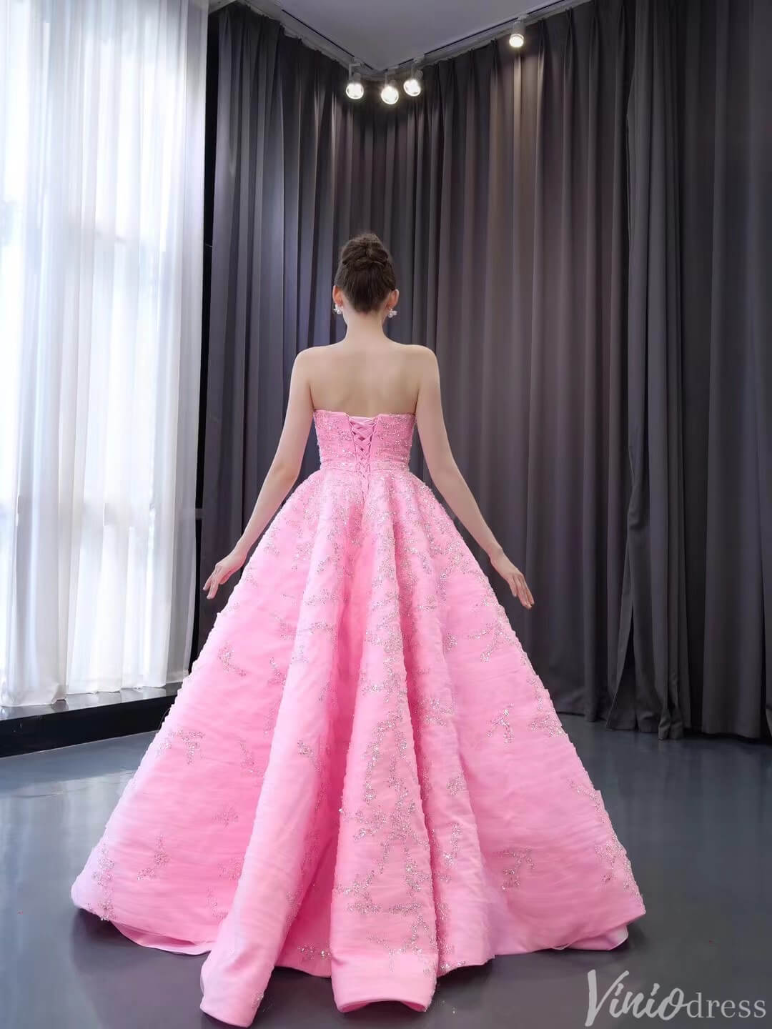 Strapless Pink Ball Gown Prom Dresses Beaded Wedding Gown 241022 - ViniodressQuinceanera DressesPinkCustom Size - Formal Dresses - Ball Gowns