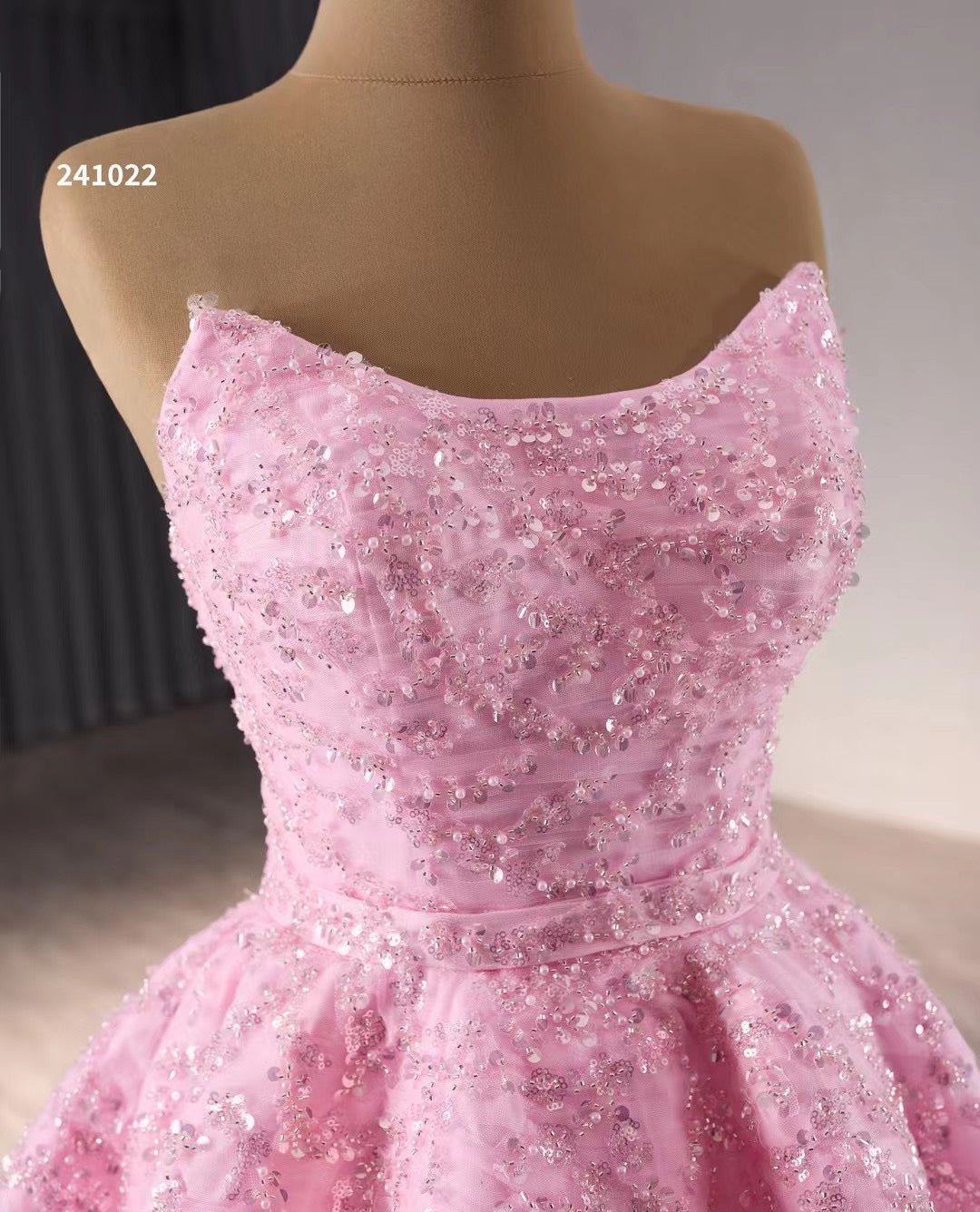 Strapless Pink Ball Gown Prom Dresses Beaded Wedding Gown 241022 - ViniodressQuinceanera DressesPinkCustom Size - Formal Dresses - Ball Gowns