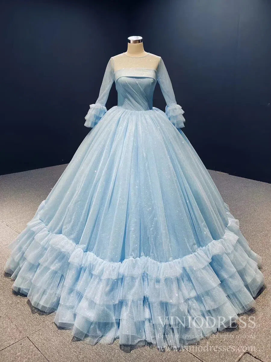 Quinceanera Dresses 2025 Strapless Sky Blue Sweet 16 Dress Sparkly Tulle Ball Gown Quince Dresses 67091 viniodress-plus size wedding dresses Viniodress-Light Blue-Custom Size-Long sleeve-floor length