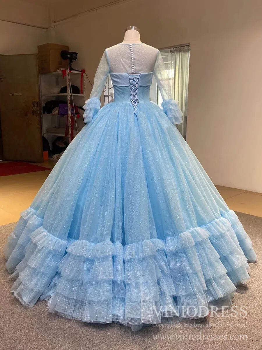 Quinceanera Dresses 2025 Strapless Sky Blue Sweet 16 Dress Sparkly Tulle Ball Gown Quince Dresses 67091 viniodress-plus size wedding dresses Viniodress-Light Blue-Custom Size-Strapless