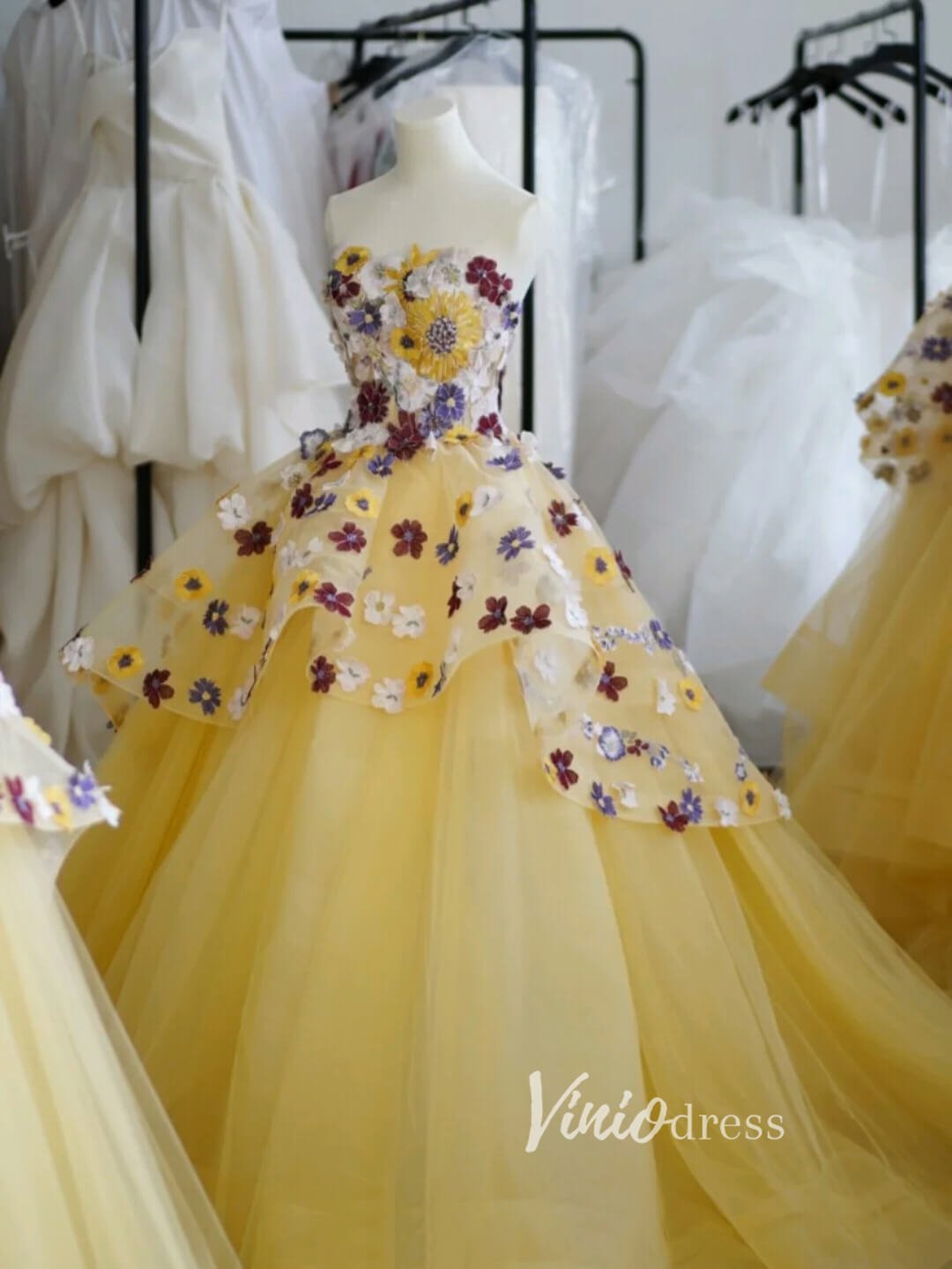 Strapless Yellow Quince Dresses 3D Floral Tulle Sweet 16 Ball Gowns FD3449 - ViniodressQuinceanera DressesYellowCustom Size - Formal Dresses - Ball Gowns