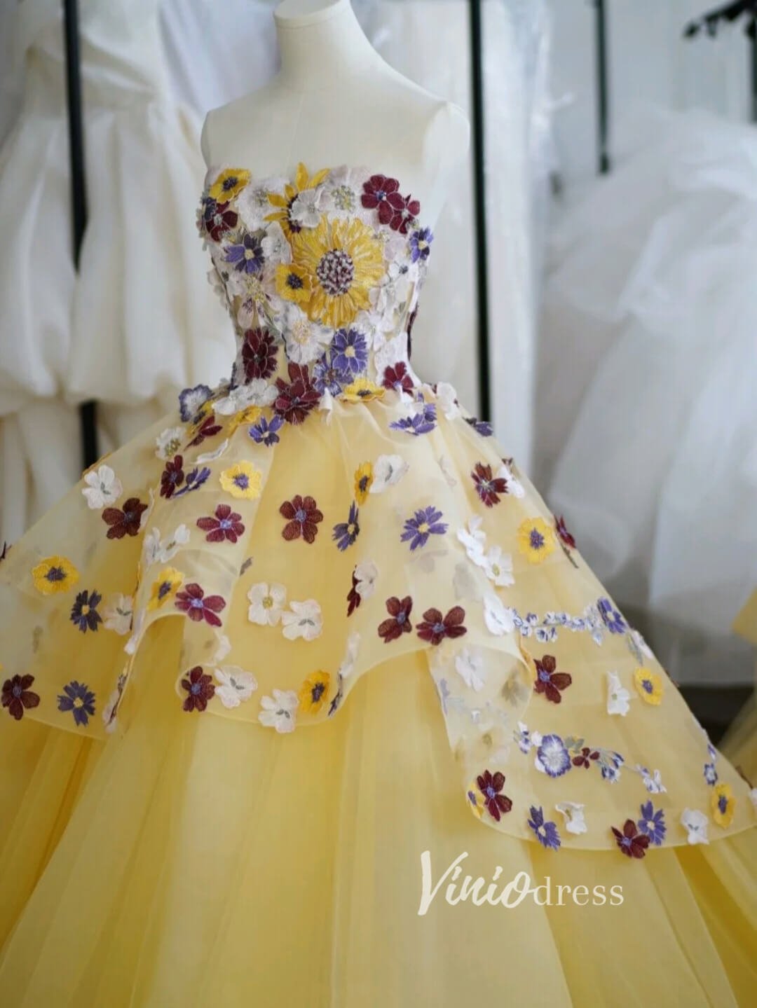 Strapless Yellow Quince Dresses 3D Floral Tulle Sweet 16 Ball Gowns FD3449 - ViniodressQuinceanera DressesYellowCustom Size - Formal Dresses - Ball Gowns