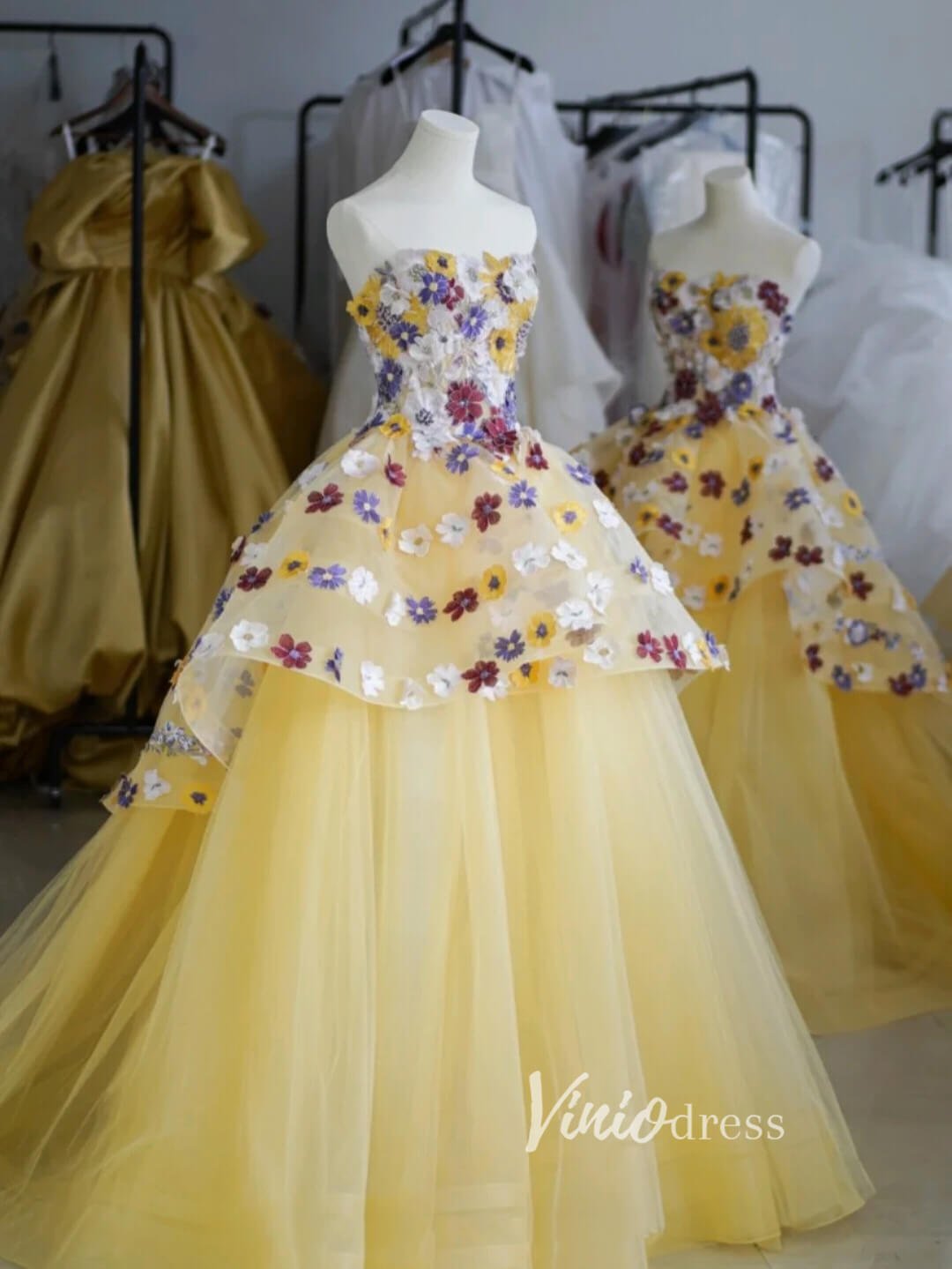 Strapless Yellow Quince Dresses 3D Floral Tulle Sweet 16 Ball Gowns FD3449 - ViniodressQuinceanera DressesYellowCustom Size - Formal Dresses - Ball Gowns