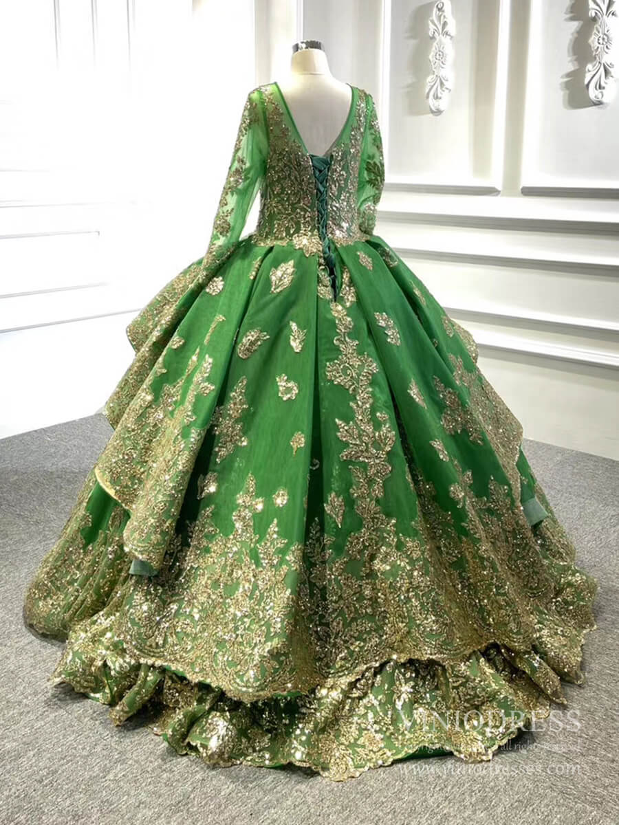 Prom Dress 2025 Sweep Train Gold Lace Ball Gown Wedding Dress 66949 VINIODRESS viniodress-unique Quinceanera Dresses-Green-Custom Size-Viniodress