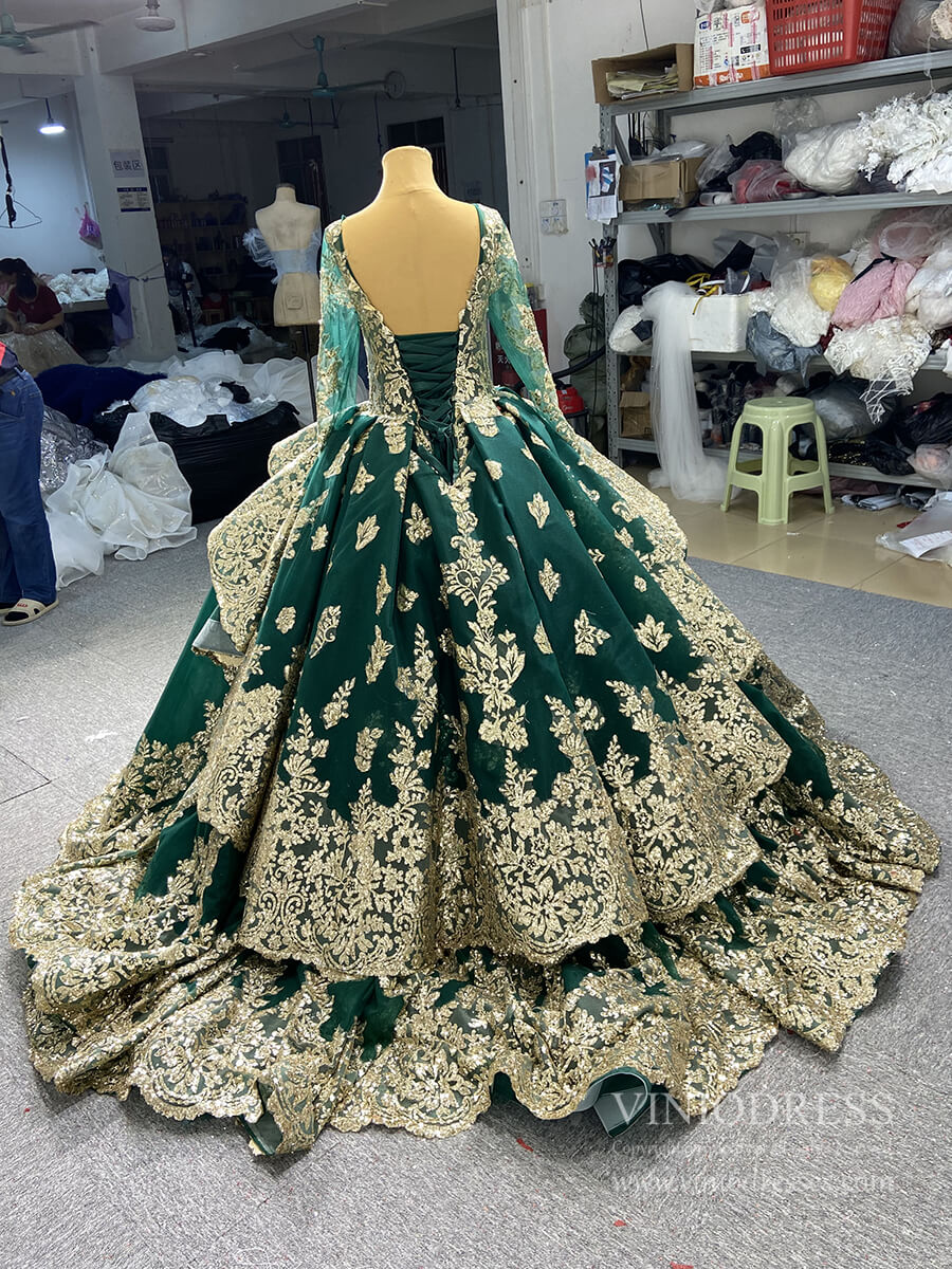 Prom Dress 2025 Sweep Train Gold Lace Ball Gown Wedding Dress 66949 VINIODRESS viniodress-unique Quinceanera Dresses-Green-Custom Size-Viniodress