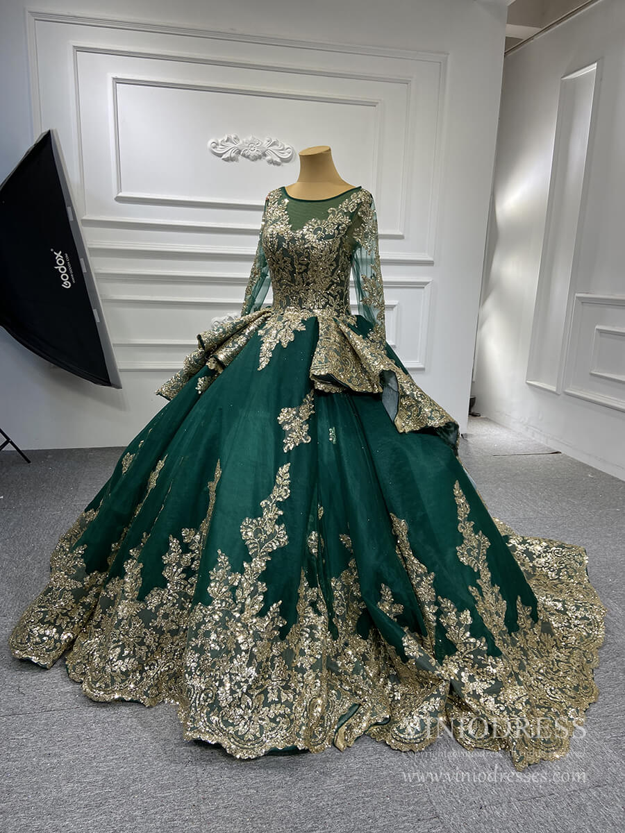 Prom Dress 2025 Sweep Train Gold Lace Ball Gown Wedding Dress 66949 VINIODRESS viniodress-unique Quinceanera Dresses-Green-Custom Size-Viniodress