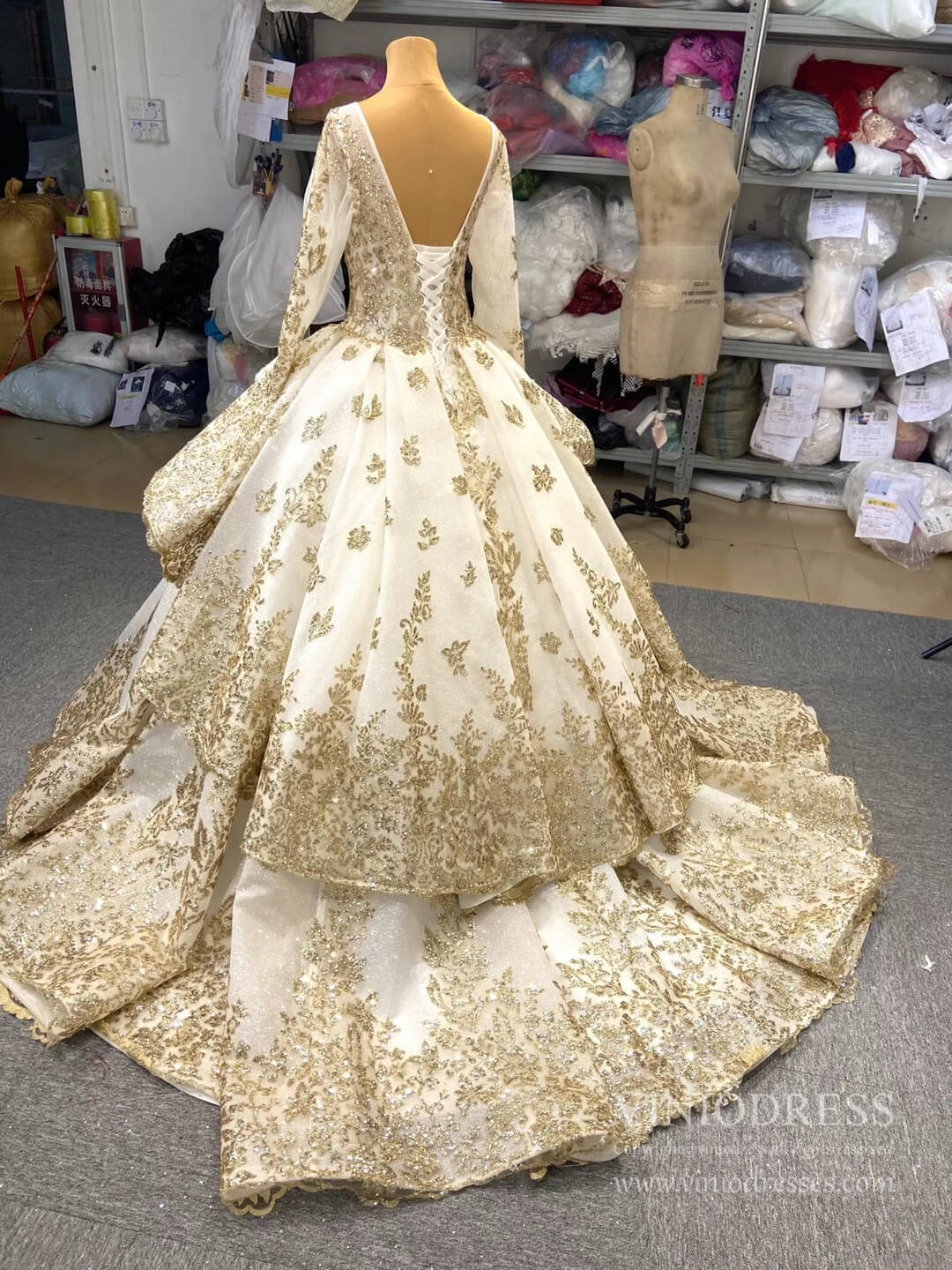 Prom Dress 2025 Sweep Train Gold Lace Ball Gown Wedding Dress 66949 VINIODRESS viniodress-unique Quinceanera Dresses-Green-Custom Size-Viniodress