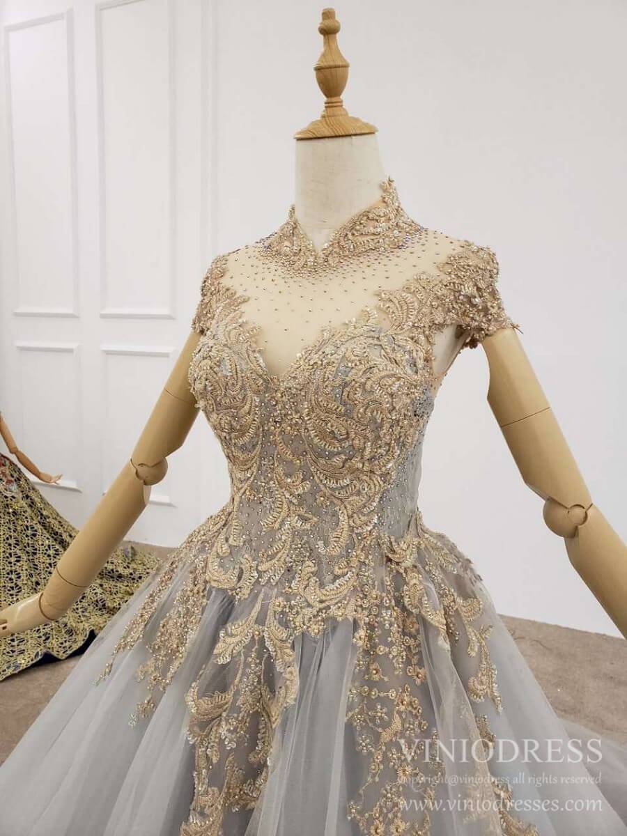 Prom Dress 2025 Vintage High Neck Grey Tulle Ball Gown Gold Lace Appliqued Prom Dresses FD2302-unique Quinceanera Dresses-As Picture-Custom Size-Viniodress