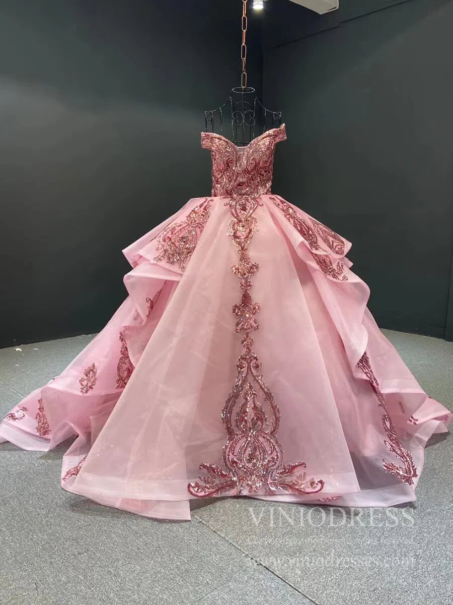 Prom Dress 2025 Vintage Off the Shoulder Quinceanera Dresses Gold Sequin Prom Dress 67024 viniodress-unique Quinceanera Dresses-Dusty Rose-Custom Size-Viniodress