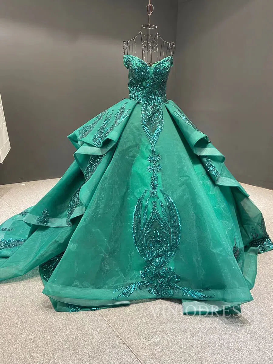 Prom Dress 2025 Vintage Off the Shoulder Quinceanera Dresses Gold Sequin Prom Dress 67024 viniodress-unique Quinceanera Dresses-Emerald Green-Custom Size-Viniodress