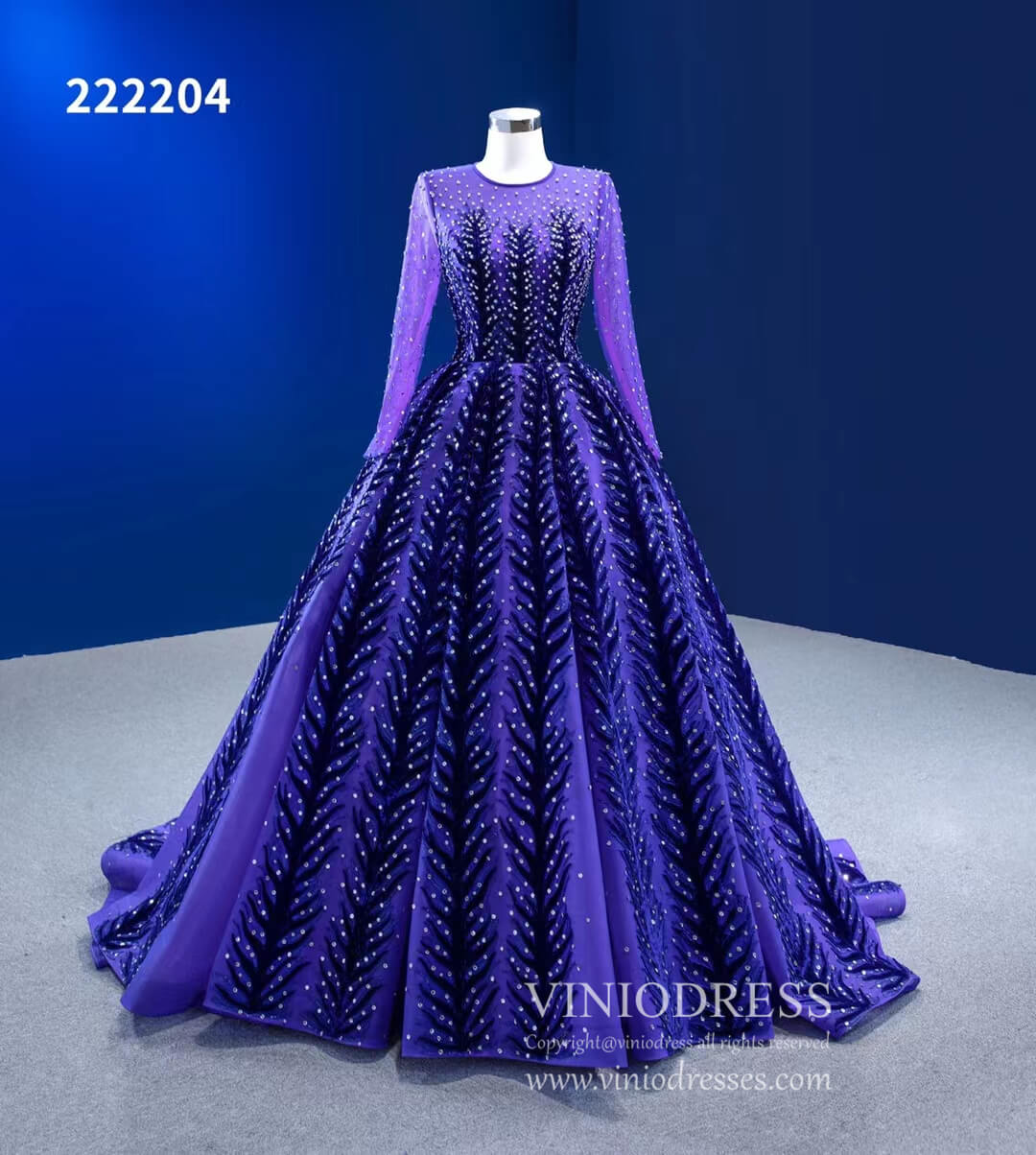 Violet Blue Ball Gowns Beaded Long Sleeve Wedding Dress 222204-Quinceanera Dresses-Viniodress-Viniodress