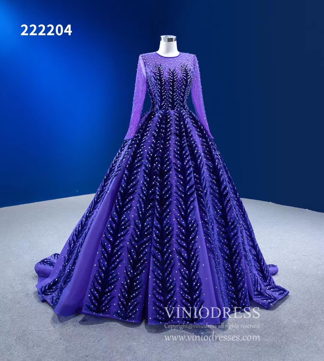 Violet Blue Ball Gowns Beaded Long Sleeve Wedding Dress 222204-Quinceanera Dresses-Viniodress-Viniodress