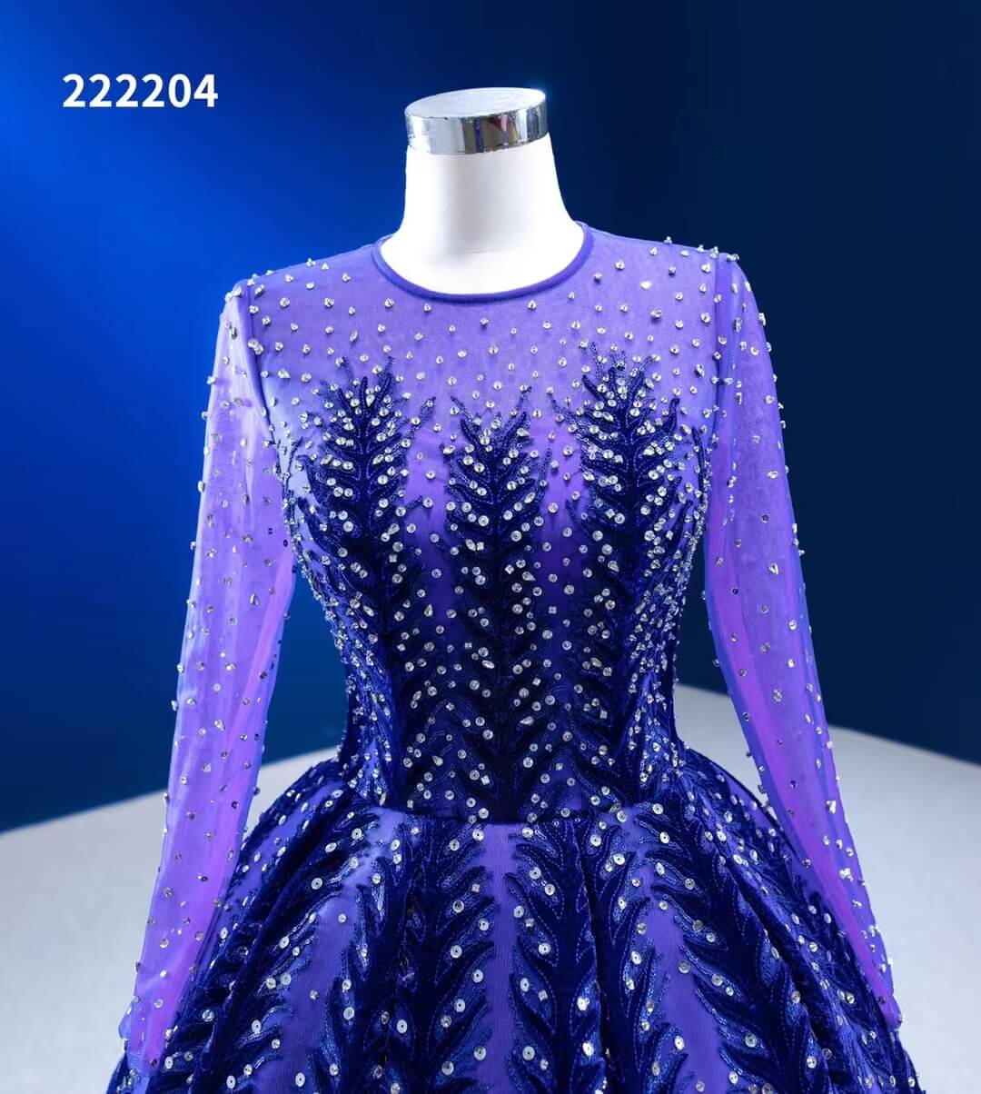 Violet Blue Ball Gowns Beaded Long Sleeve Wedding Dress 222204-Quinceanera Dresses-Viniodress-Viniodress