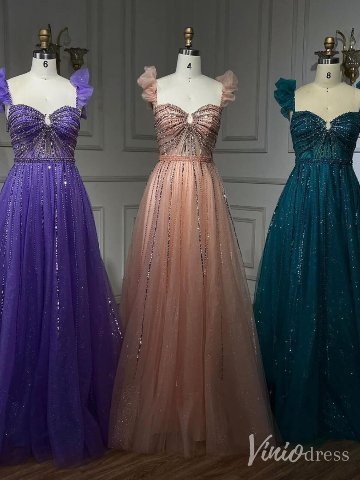 Radiant Beaded Spaghetti Strap Prom Dresses Sparkly Tulle Formal Gown 20216-Evening Dresses 2025 -Viniodress-Pink-US 2-