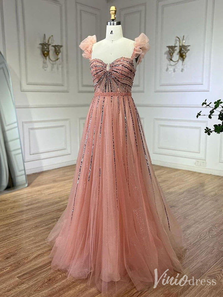 Radiant Beaded Spaghetti Strap Prom Dresses Sparkly Tulle Formal Gown 20216-Evening Dresses 2025 -Viniodress-Pink-US 2-