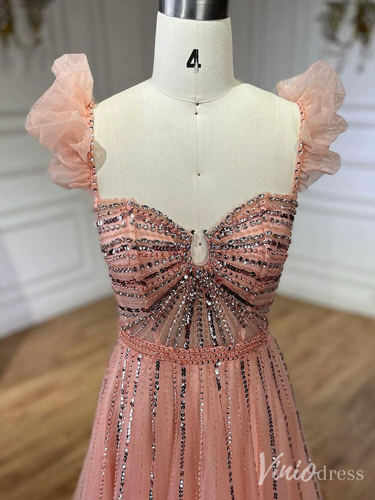 Radiant Beaded Spaghetti Strap Prom Dresses Sparkly Tulle Formal Gown 20216-Evening Dresses 2025 -Viniodress-Pink-US 2-