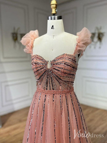 Radiant Beaded Spaghetti Strap Prom Dresses Sparkly Tulle Formal Gown 20216-Evening Dresses 2025 -Viniodress-Pink-US 2-
