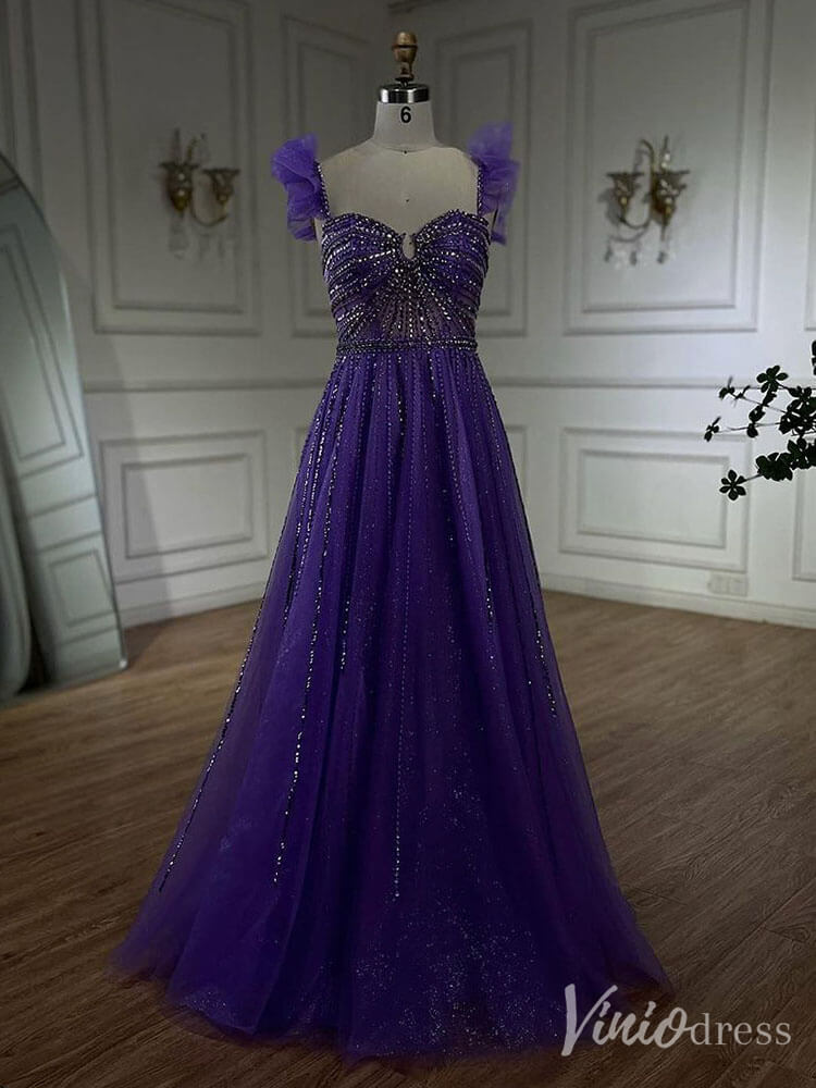 Radiant Beaded Spaghetti Strap Prom Dresses Sparkly Tulle Formal Gown 20216-Evening Dresses 2025 -Viniodress-Purple-US 2-