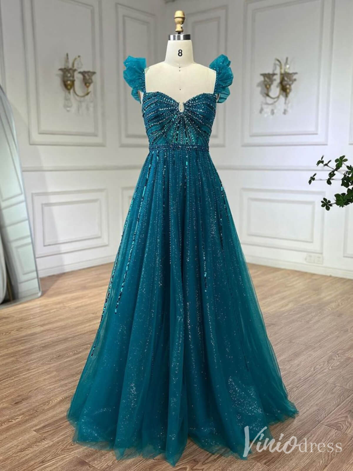 Radiant Beaded Spaghetti Strap Prom Dresses Sparkly Tulle Formal Gown 20216-Evening Dresses 2025 -Viniodress-Teal-US 2-