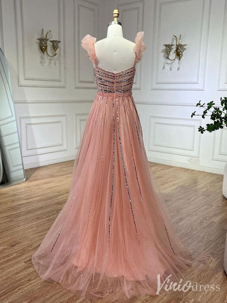 Radiant Beaded Spaghetti Strap Prom Dresses Sparkly Tulle Formal Gown 20216-Evening Dresses 2025 -Viniodress-Pink-US 2-