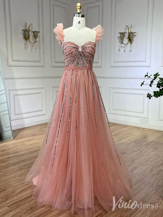 Radiant Beaded Spaghetti Strap Prom Dresses Sparkly Tulle Formal Gown 20216-Evening Dresses 2025 -Viniodress-Pink-US 2-