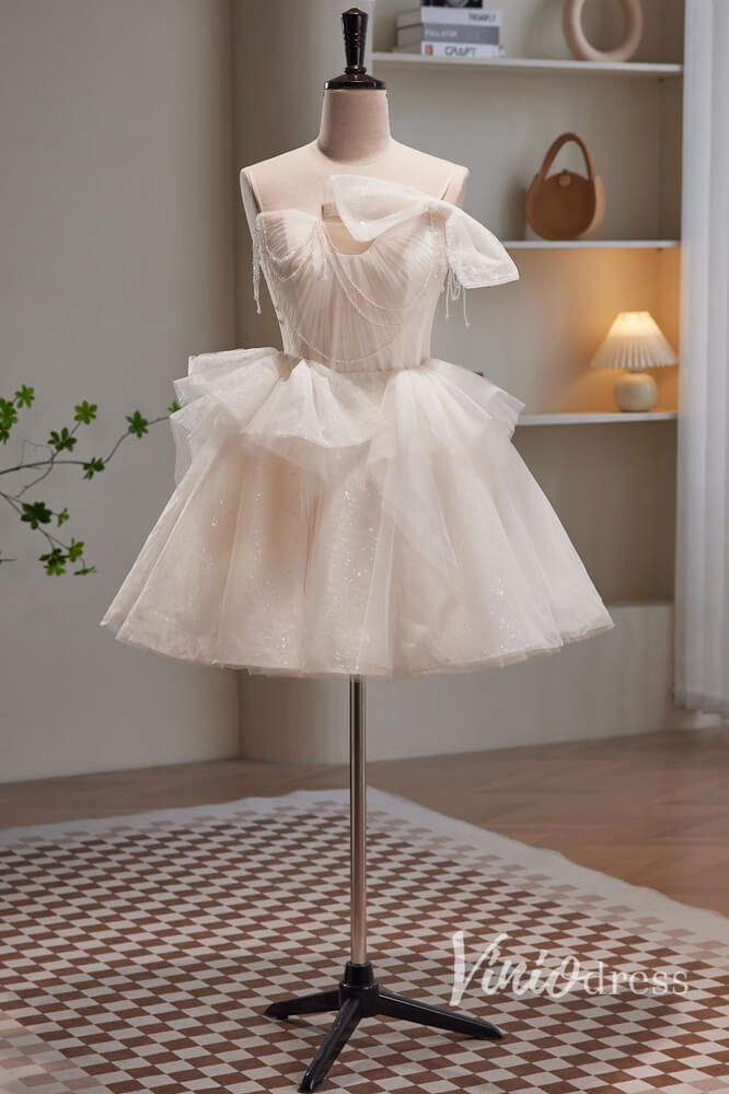 Radiant Bow-Tie Homecoming Dresses Sparkly Tulle Short Prom Dress SD1614-prom dresses 2025 -Viniodress-White-Custom Size-