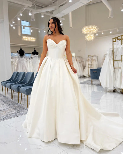 Radiant Ivory Satin Ball Gown Wedding Dress with Sweetheart Corset, Basque Waistline & Chapel Train – MS129-wedding dresses 2025 -Viniodress-Ivory-Custom Size-