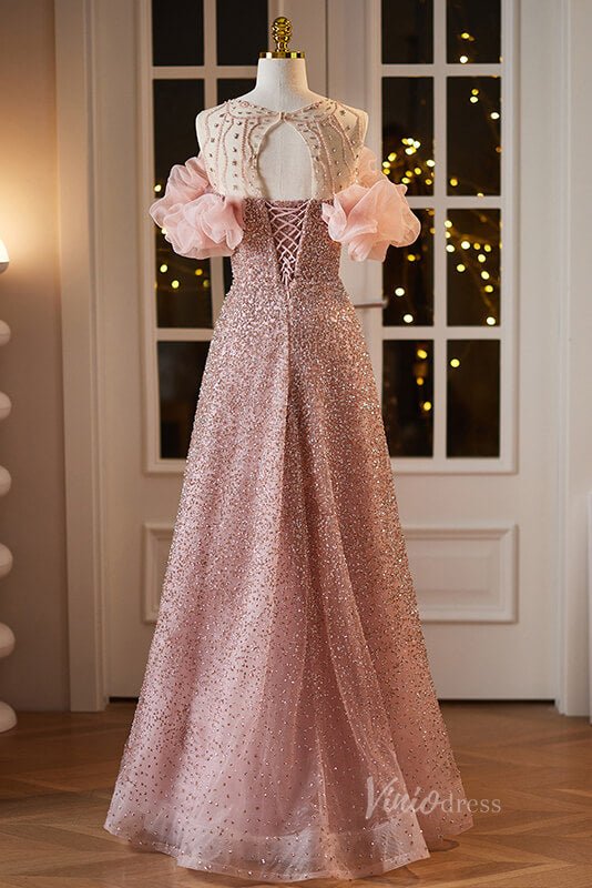 Radiant Pink Beaded Prom Dresses Boat Neck Evening Dress AD1090-Evening Dresses 2025 -Viniodress-Pink-Custom Size-