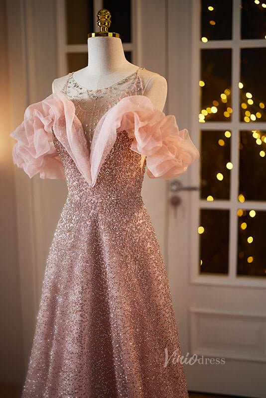 Radiant Pink Beaded Prom Dresses Boat Neck Evening Dress AD1090-Evening Dresses 2025 -Viniodress-Pink-Custom Size-