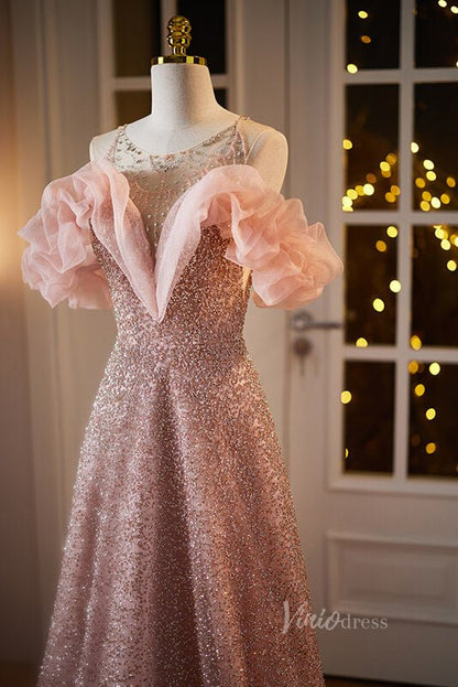 Radiant Pink Beaded Prom Dresses Boat Neck Evening Dress AD1090-Evening Dresses 2025 -Viniodress-Pink-Custom Size-