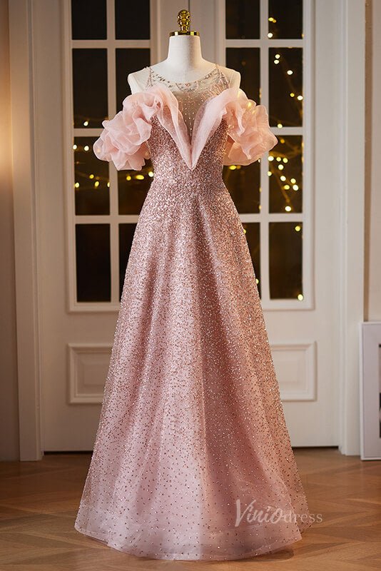 Radiant Pink Beaded Prom Dresses Boat Neck Evening Dress AD1090-Evening Dresses 2025 -Viniodress-Pink-Custom Size-