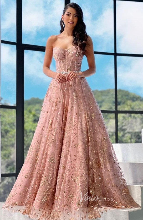 Radiant Pink Sparkly Lace Prom Dresses 2024 Strapless Formal Gown FD3580-prom dresses 2025 -Viniodress-Pink-Custom Size-