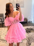 Radiant Pink Tiered Homecoming Dresses Off the Shoulder Puffed Sleeve Short Prom Dress SD1643-prom dresses-Viniodress-Viniodress