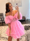 Radiant Pink Tiered Homecoming Dresses Off the Shoulder Puffed Sleeve Short Prom Dress SD1643-prom dresses-Viniodress-Viniodress