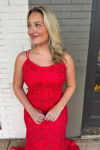 Radiant Red Sequin Lace Mermaid Prom Dress with Spaghetti Straps & Sweep Train – LP026-prom dresses 2026-Viniodress-Red-Custom Size-